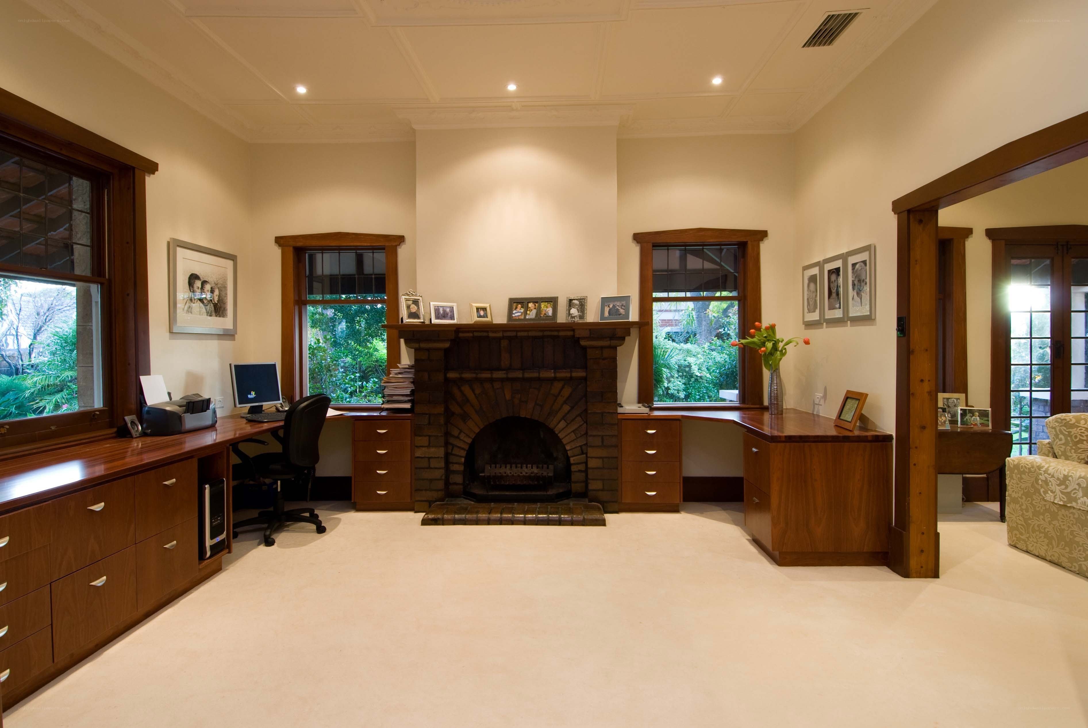 Home office with fireplace