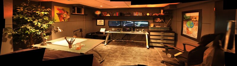 home office with multiple monitors