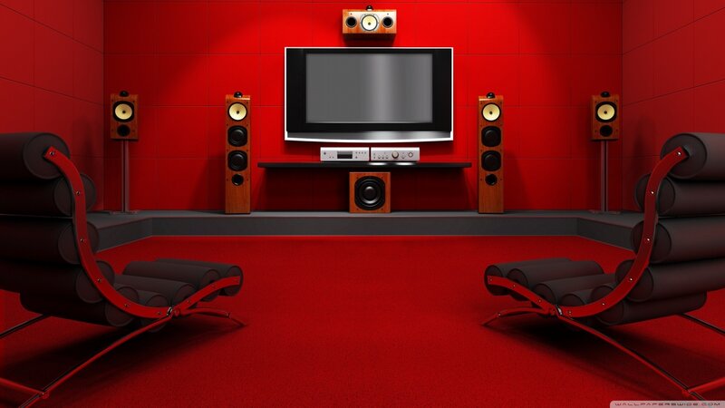 Home Theater Room — Red, Modern, 3d Render, Speakers