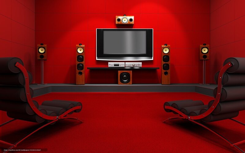 Home Theater Room — Red, Modern, 3d Render, Television, Speakers