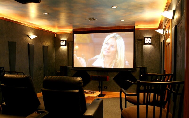 Home theater room with large screen