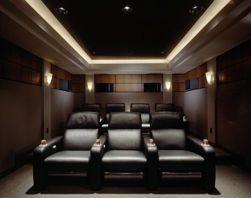 Home theater room with leather seats