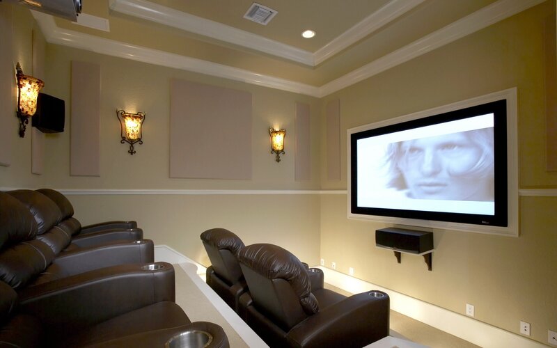 Home theater room with leather seats