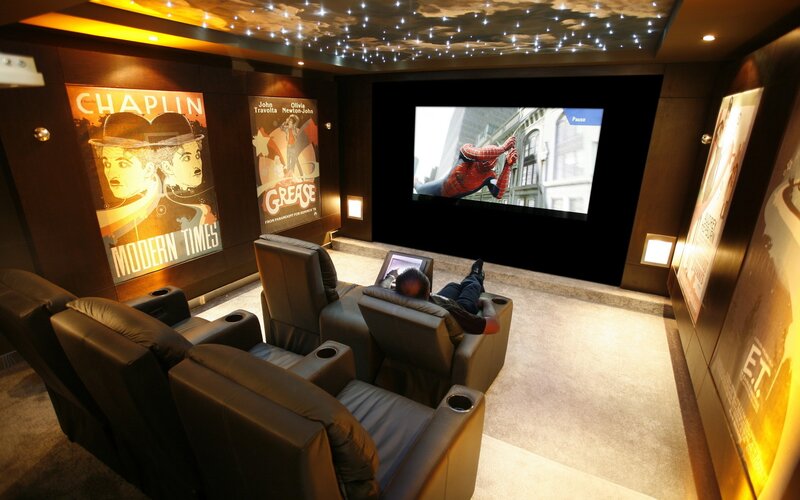 Home theater with movie posters