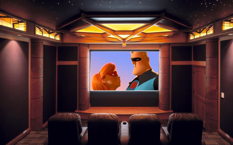 Home theater with movie scene