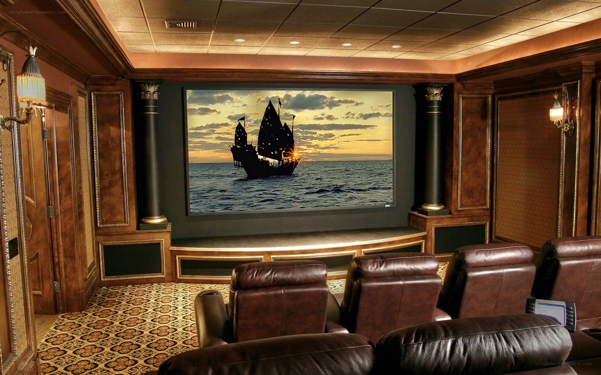 Home theater with pirate ship screen