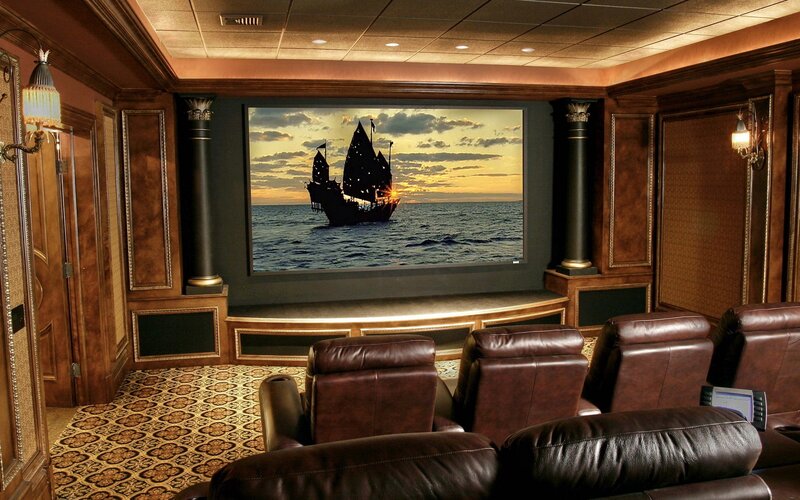 home theater with pirate ship screen