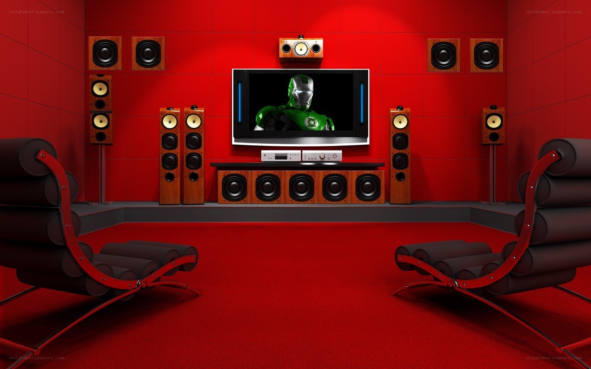 Home theater with red decor