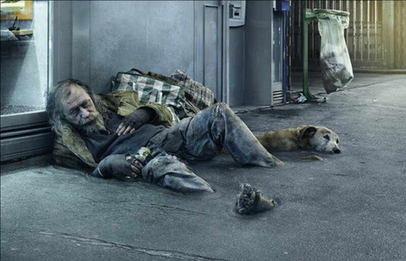 Homeless Man and Dog — Gray