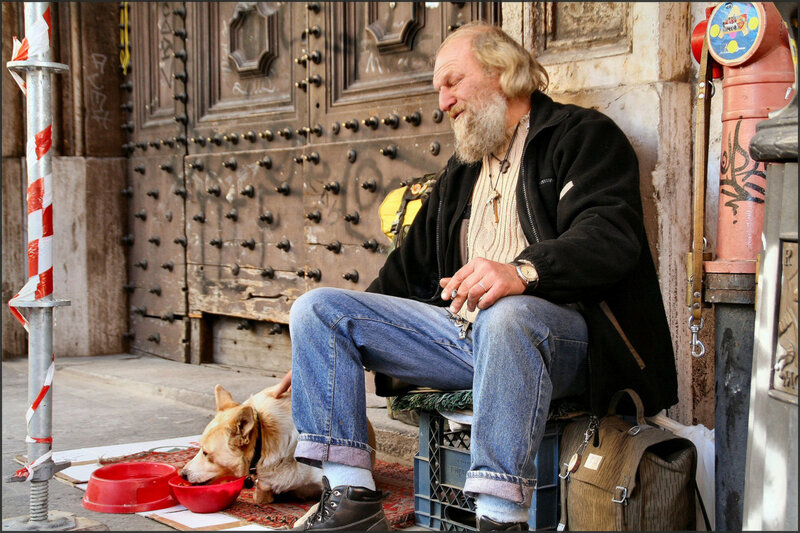 Homeless Man with Dog — Brown