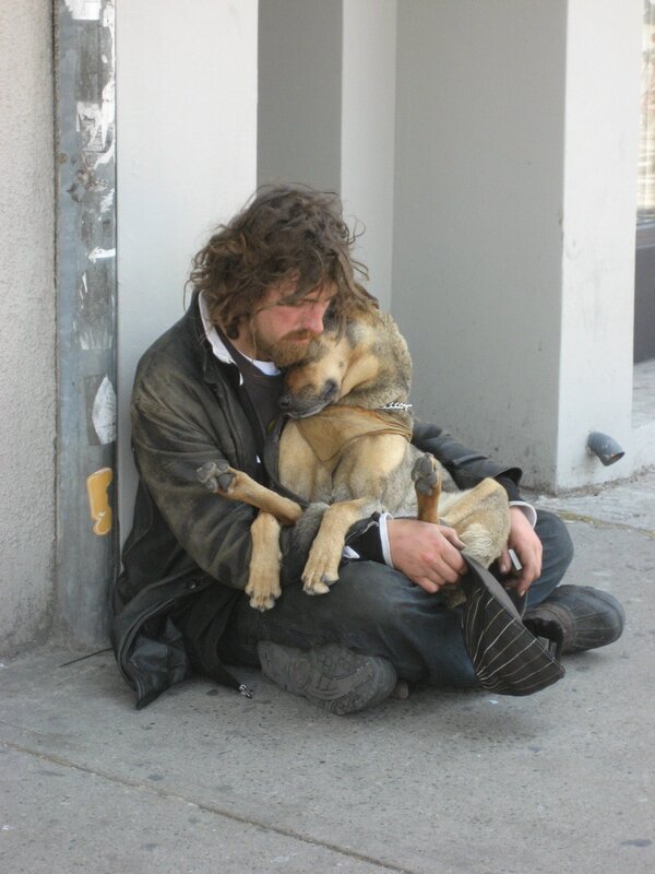 Homeless man with dog on street