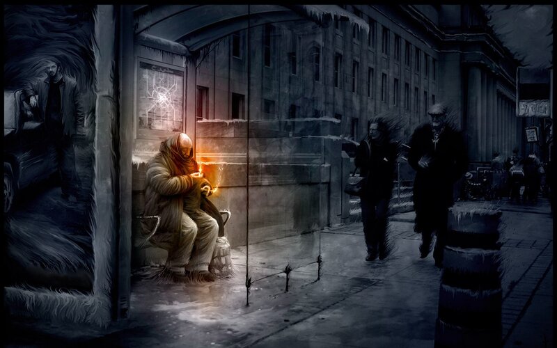 Homeless Person at Bus Stop — Gray