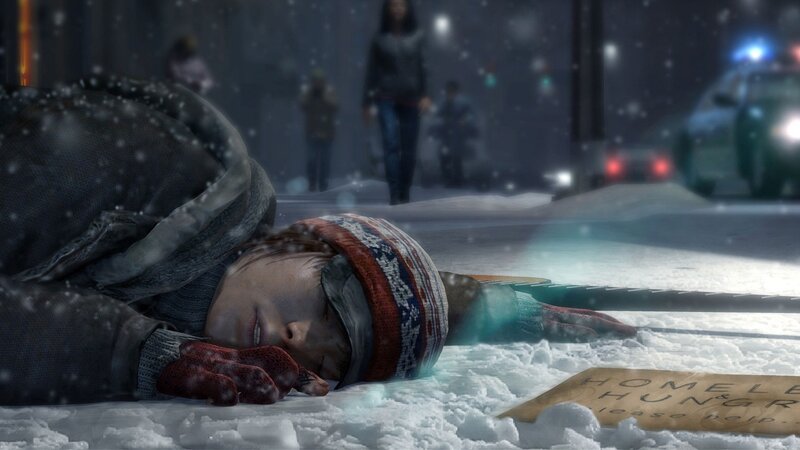 Homeless Person in Snow — White, Somber, Cold