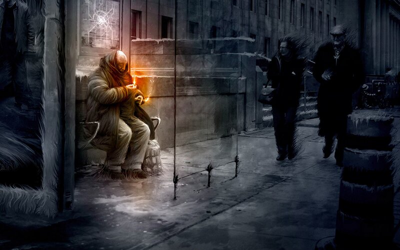Homeless Person in Winter — Gray, Dramatic, Digital Art, People