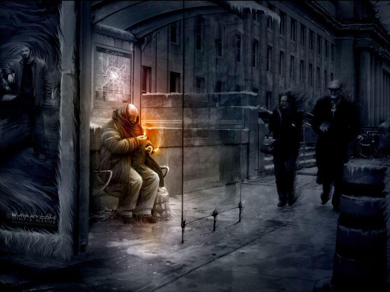Homeless Person in Winter — Gray, Dramatic, Digital Art, Snow