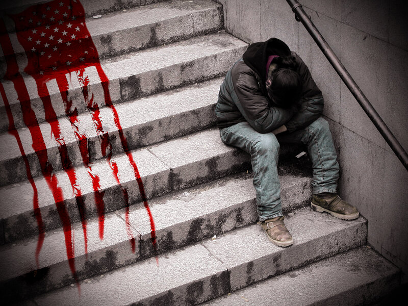 Homeless person on stairs with flag