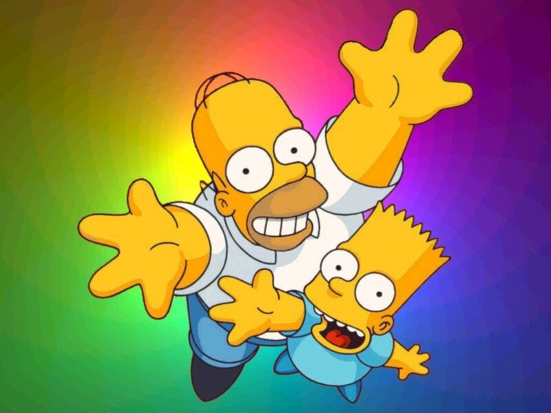 Homer and Bart Simpson joyfully flying