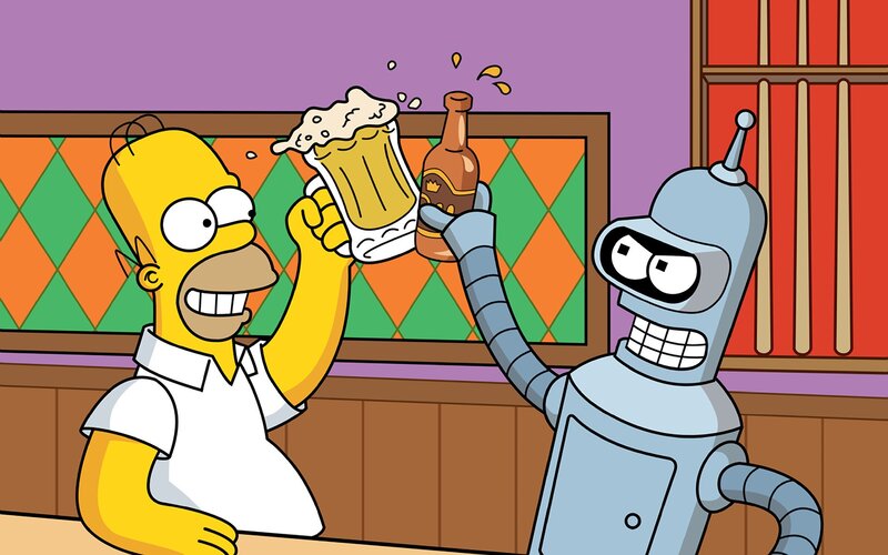 Homer and Bender Clinking Drinks — Yellow