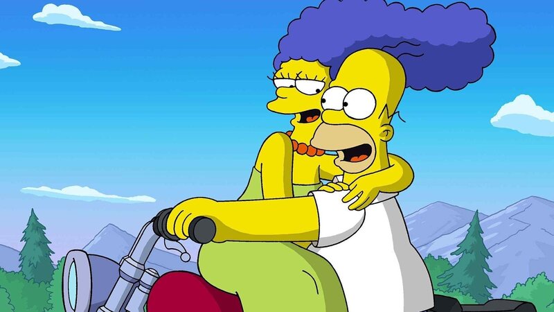 Homer and Marge on a motorcycle