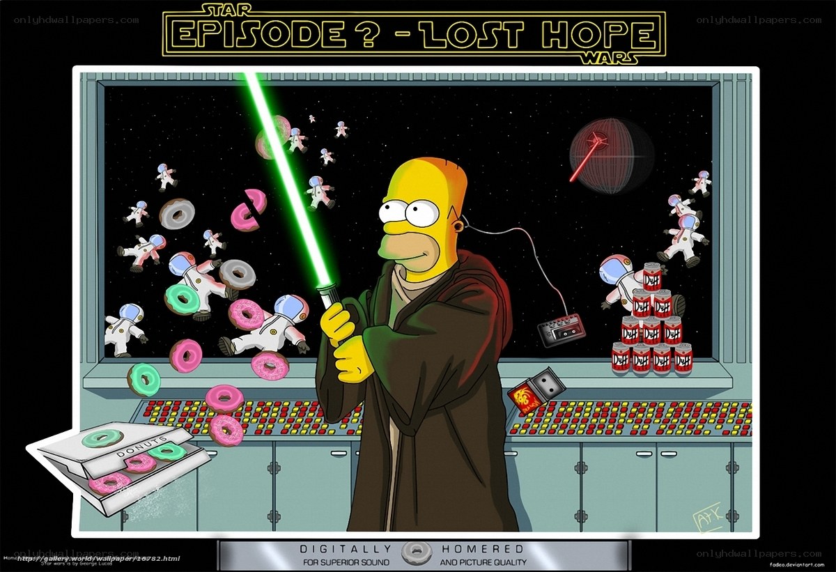 Homer as a Jedi in space