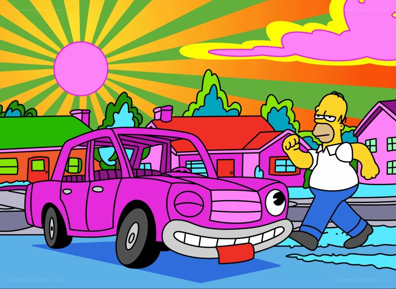Homer Simpson and a pink car