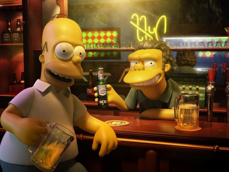 Homer Simpson at Bar — Yellow, Lively, Night, 3d Render, Beer Mug, Bar Counter