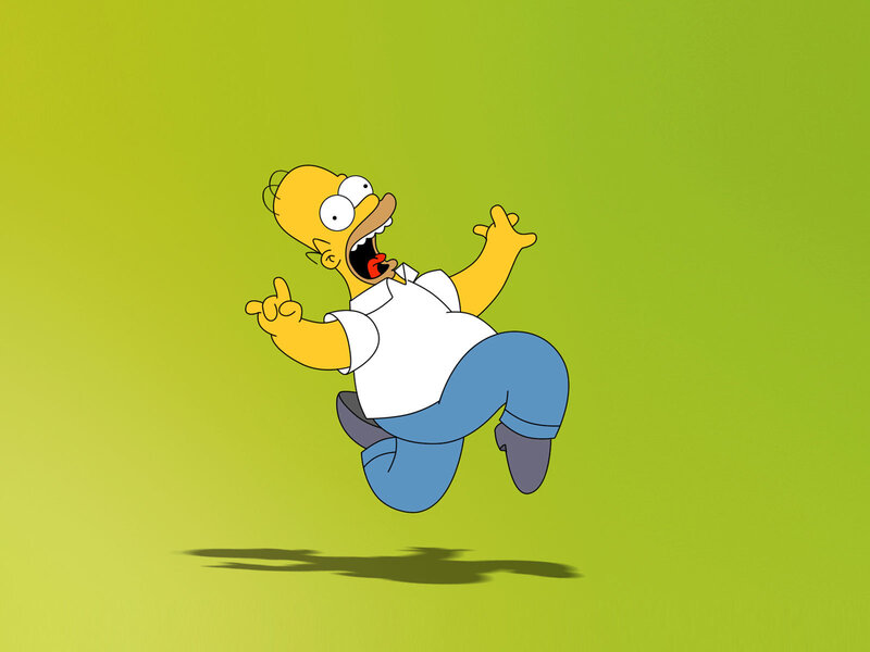 Homer Simpson Jumping — Green, Playful, Animation, Shirt, Jeans