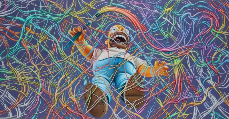 Homer Simpson tangled in wires
