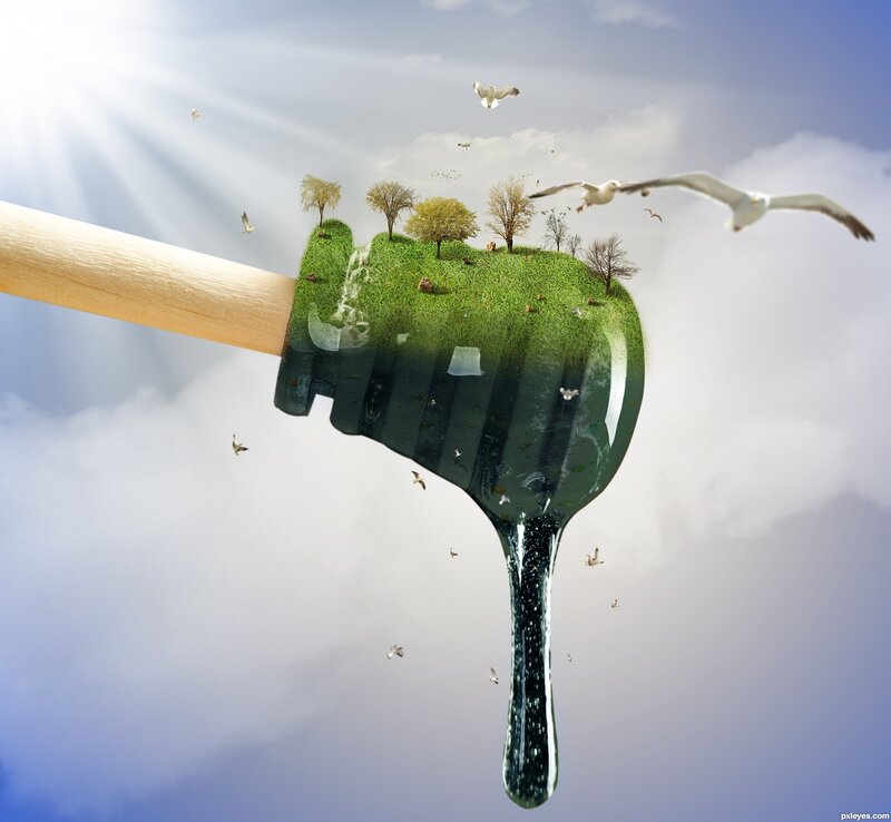 honey dipper with green landscape