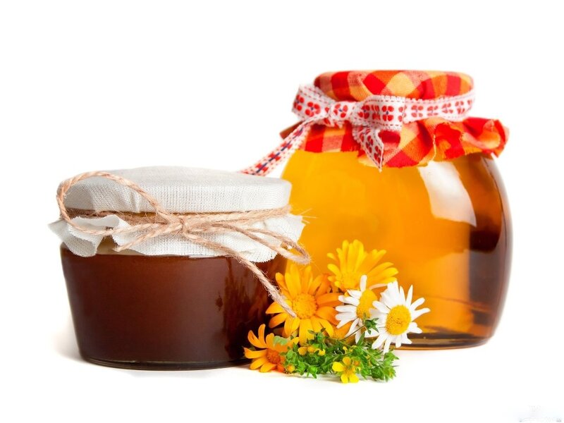 Honey Jars with Flowers — Yellow, Calm, Photograph, Ribbons