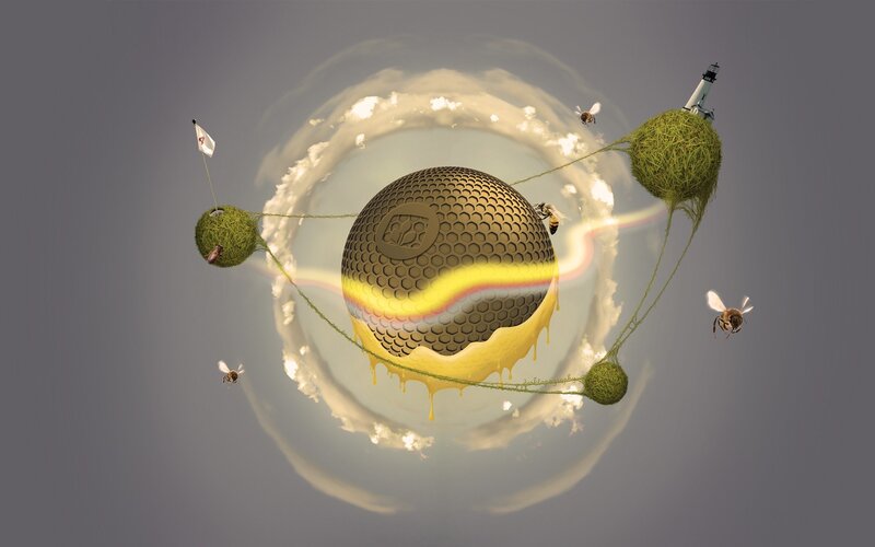 Honeycomb Sphere with Bees — Yellow