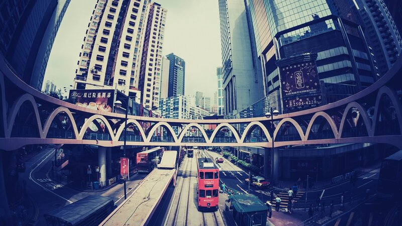 Hong Kong city street with tram