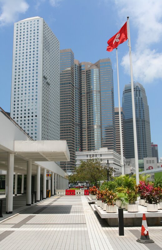 Hong Kong flag and skyscrapers