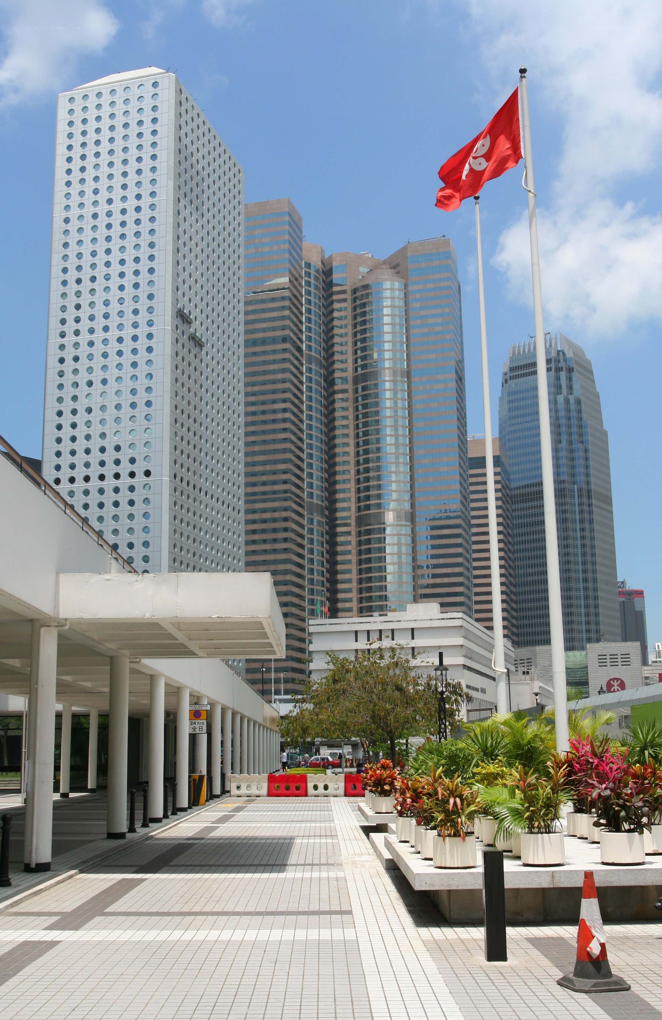Hong Kong flag and skyscrapers