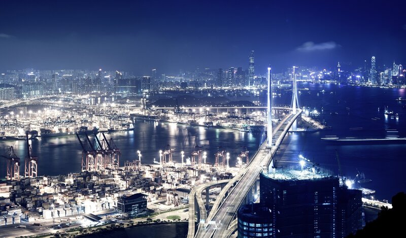 Hong Kong Harbor at Night — Blue, Dramatic, Photograph, Bridge, Container Port, Skyscrapers