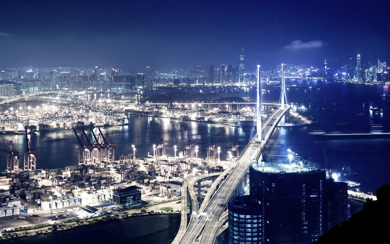 Hong Kong Harbor at Night — Blue, Dramatic, Photograph, Bridge, Skyscrapers