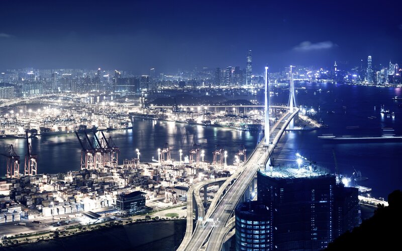 Hong Kong Harbor at Night — Blue, Dramatic, Photograph, Bridge