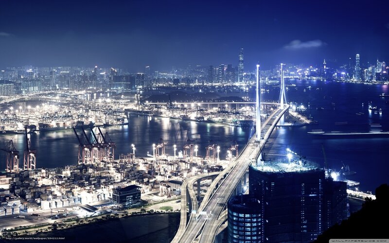 Hong Kong Harbor at Night — Blue, Dramatic, Photograph, City Skyline, Bridge