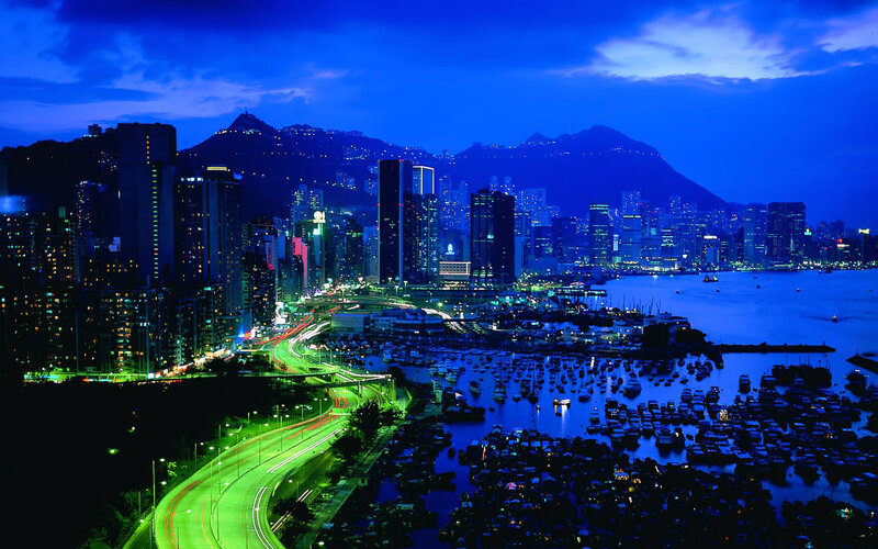 Hong Kong Harbor at Night — Blue, Dramatic, Photograph, City Skyline