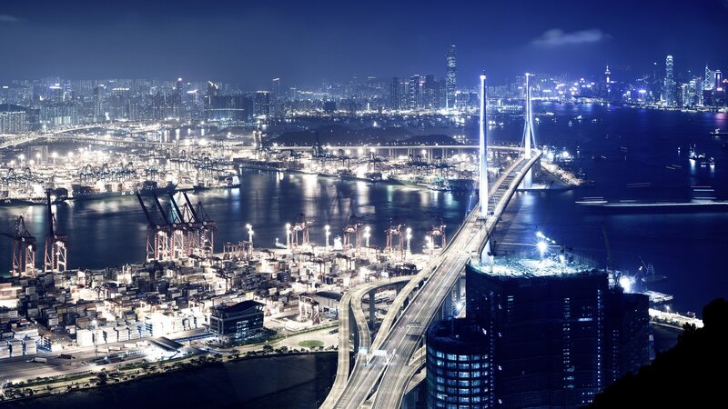 Hong Kong Harbor at Night — Blue, Dramatic, Photograph, Skyscraper