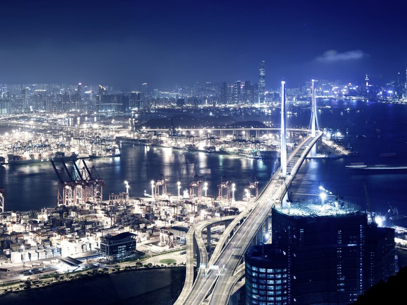 Hong Kong Harbor at Night — Blue, Dramatic, Photograph