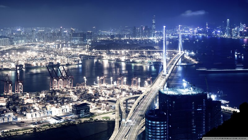 Hong Kong Harbor at Night — Blue, Dramatic