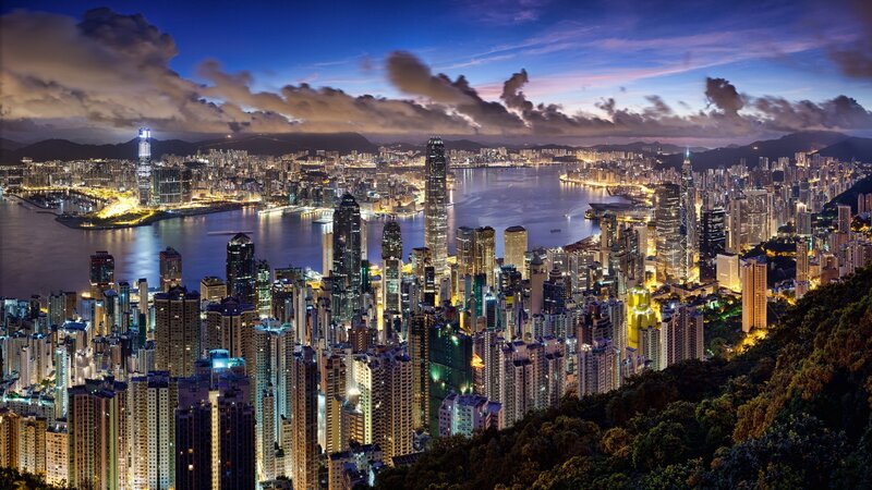 Hong Kong Skyline at Dusk — Blue, Dramatic, Night, Photograph, Cityscape