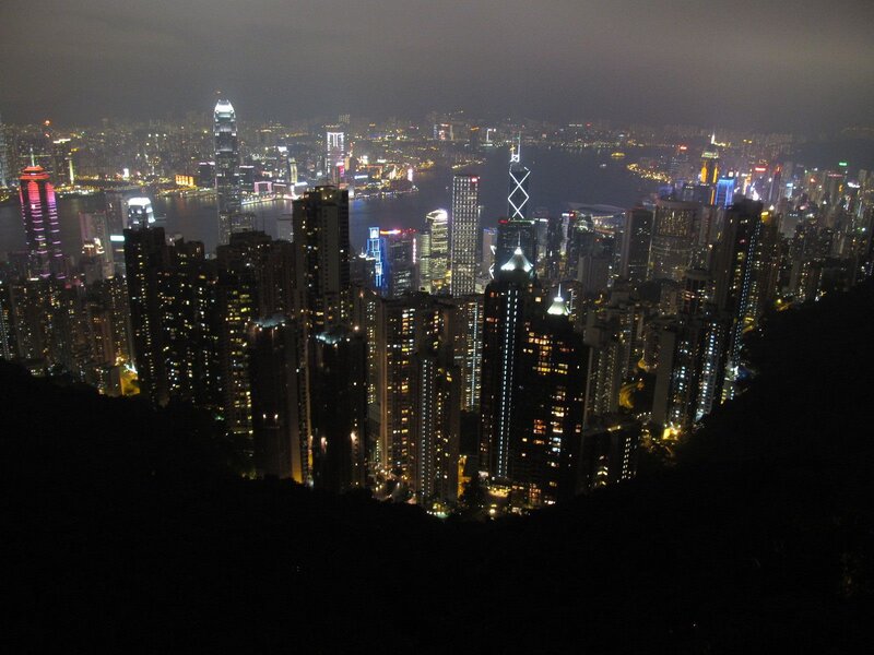 Hong Kong Skyline at Night — Black, Dark, Photograph, Skyscrapers, Harbor
