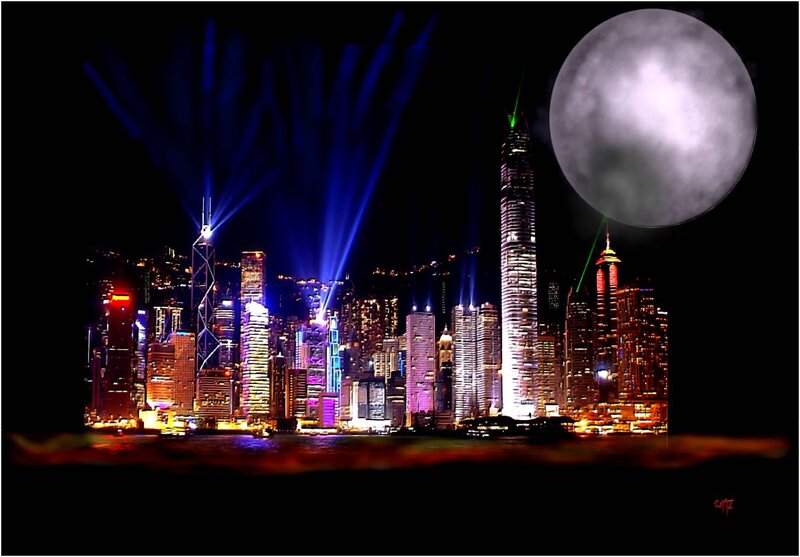 Hong Kong Skyline at Night — Black, Dramatic, Digital Art