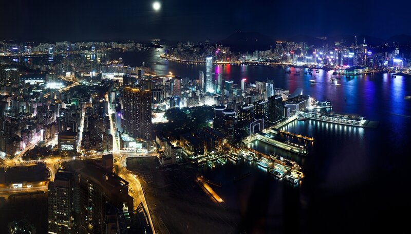 Hong Kong Skyline at Night — Black, Dramatic, Photograph, City Lights, Harbor