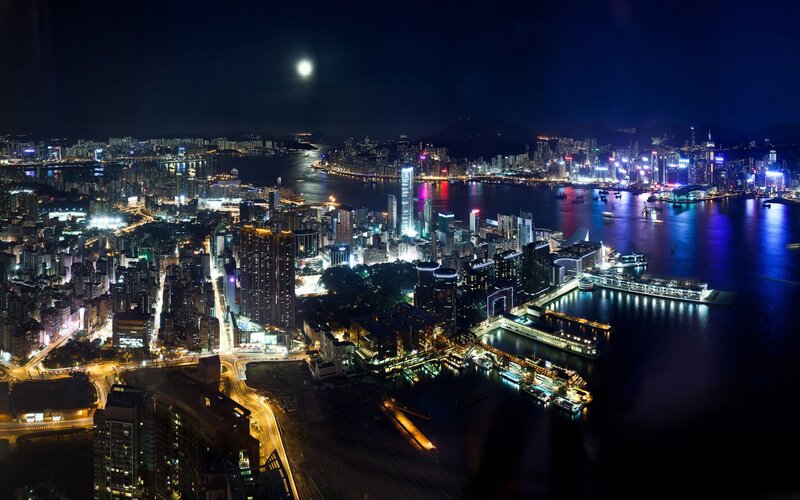 Hong Kong Skyline at Night — Black, Dramatic, Photograph, City Lights