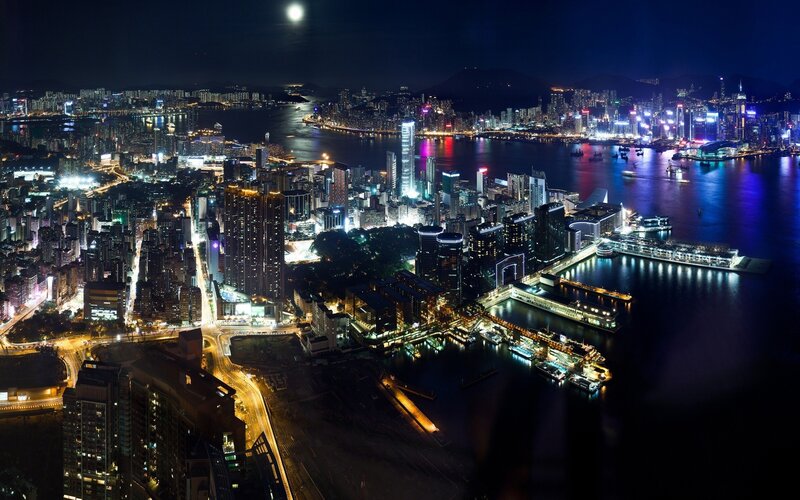 Hong Kong Skyline at Night — Black, Dramatic, Photograph, Cityscape, Harbor, Moon, Blue
