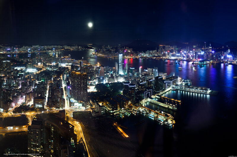 Hong Kong Skyline at Night — Black, Dramatic, Photograph, Cityscape, Harbor, Moon