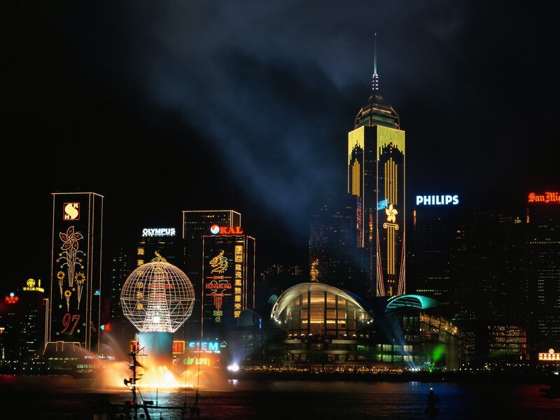 Hong Kong Skyline at Night — Black, Dramatic, Photograph, Fountain